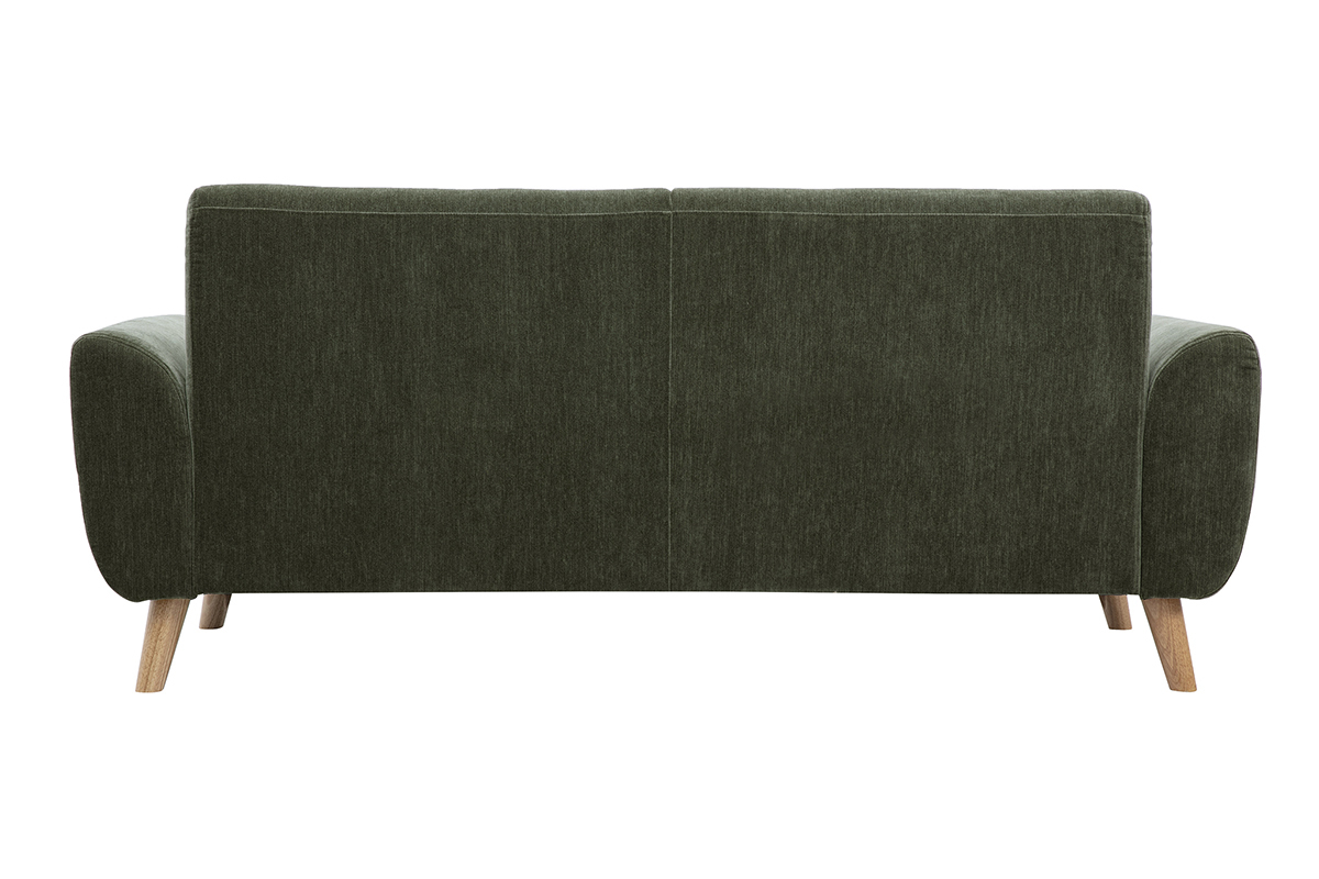 Dreisitziges skandinavisches Sofa, R�ckansicht, strukturiertes Samtoptik-Gewebe in Khaki-Gr�n und Beine aus hellem Holz.