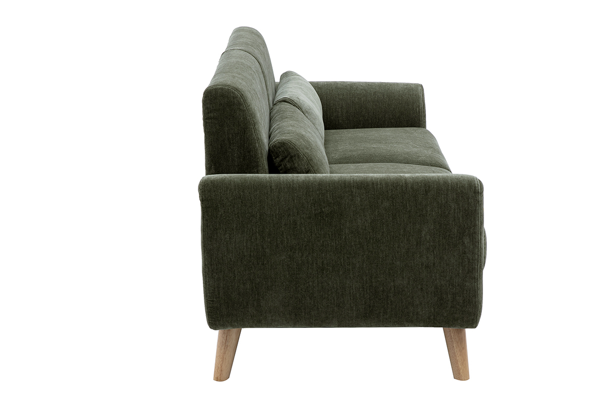 Skandinavisches 3-Sitzer-Sofa aus khakigr�nem Stoff, Seitenansicht, mit hellem Holzgestell.
