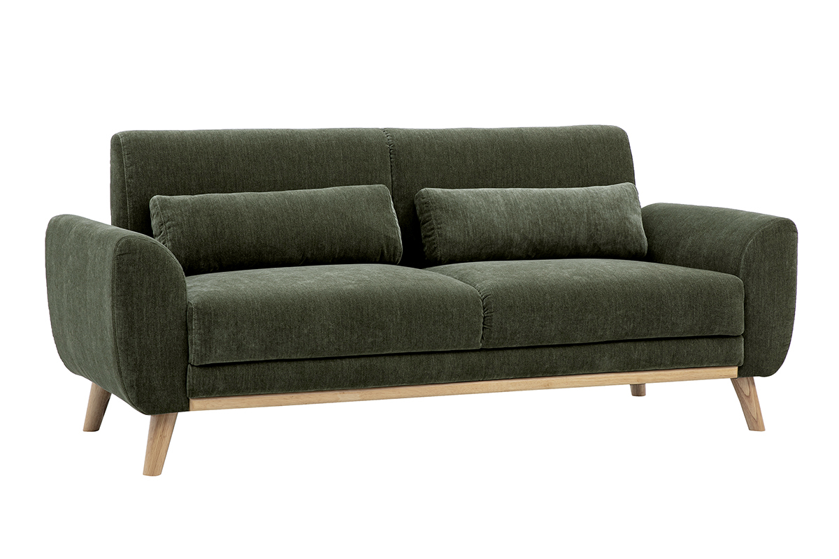 Skandinavisches 3-Sitzer-Sofa aus gr�nem, khakifarbenem Struktursamt mit Gestell aus hellem Holz, 3/4-Ansicht