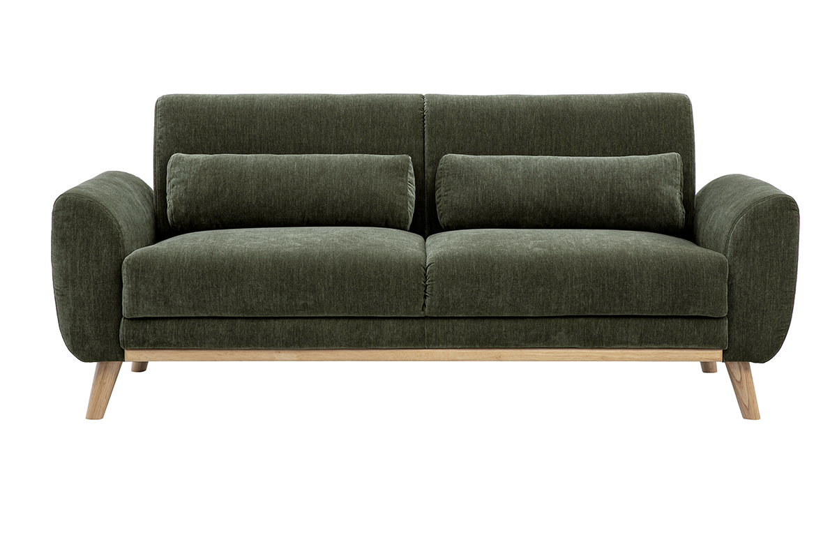 Dreisitziges skandinavisches Sofa aus Stoff mit texturierter Samtoptik in Khaki-Gr�n, Frontansicht, Beine aus hellem Holz.
