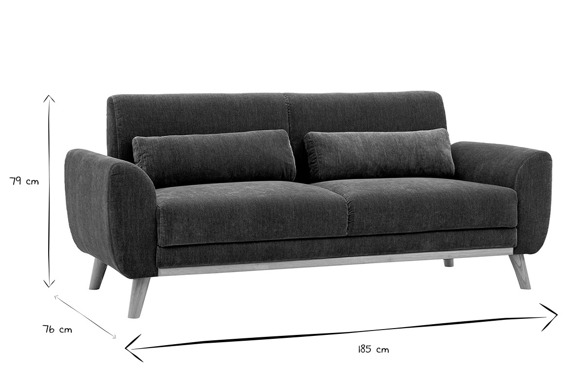 Abmessungen des skandinavischen 3-Sitzer-Sofas in Schwarz und Wei�: 185 cm breit, 76 cm tief, 79 cm hoch