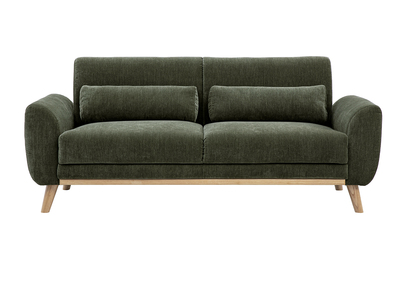 Skandinavisches 3-Sitzer-Sofa aus Stoff mit texturierter Samtoptik in Khakigr&uuml;n und hellem Holz EKTOR