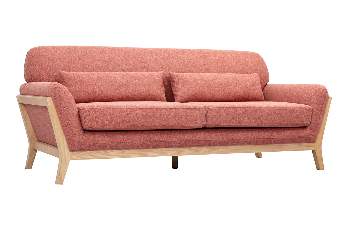 Skandinavisches 3-Sitzer-Sofa aus Terrakotta-Velourstoff und hellem Holz YOKO