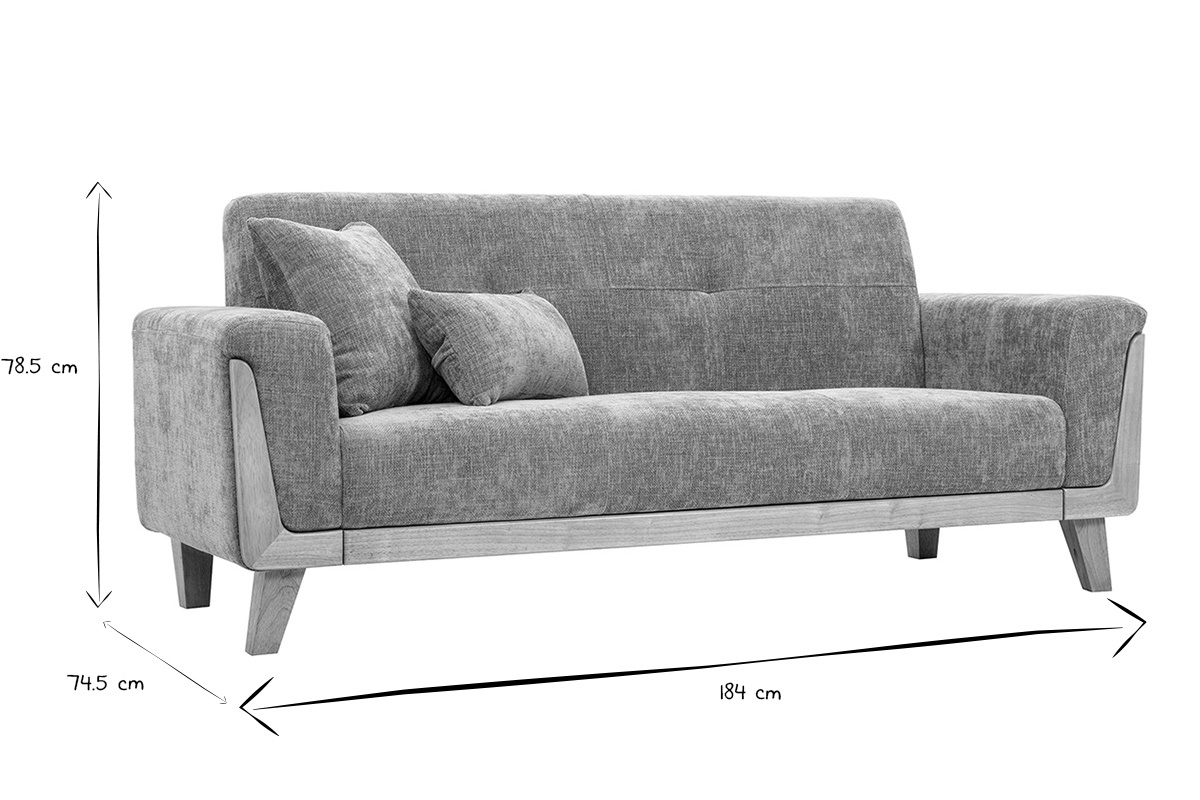 Skandinavisches 3-Sitzer Sofa in taupefarbenem Samt-Effekt Stoff und hellem Holz FJORD