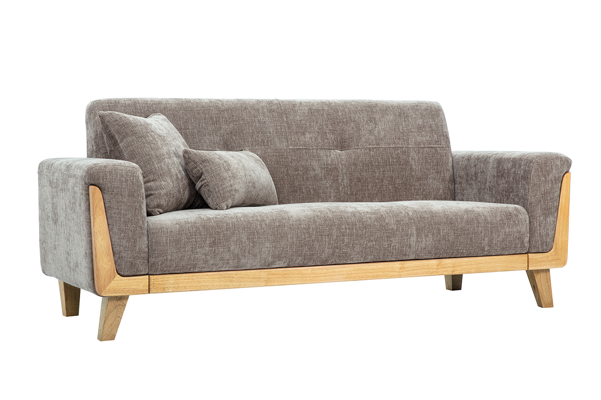 Skandinavisches 3-Sitzer Sofa in taupefarbenem Samt-Effekt Stoff und hellem Holz FJORD