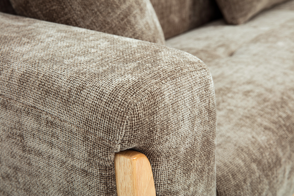 Skandinavisches 3-Sitzer Sofa in taupefarbenem Samt-Effekt Stoff und hellem Holz FJORD