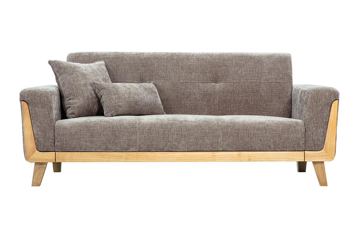 Skandinavisches 3-Sitzer Sofa in taupefarbenem Samt-Effekt Stoff und hellem Holz FJORD