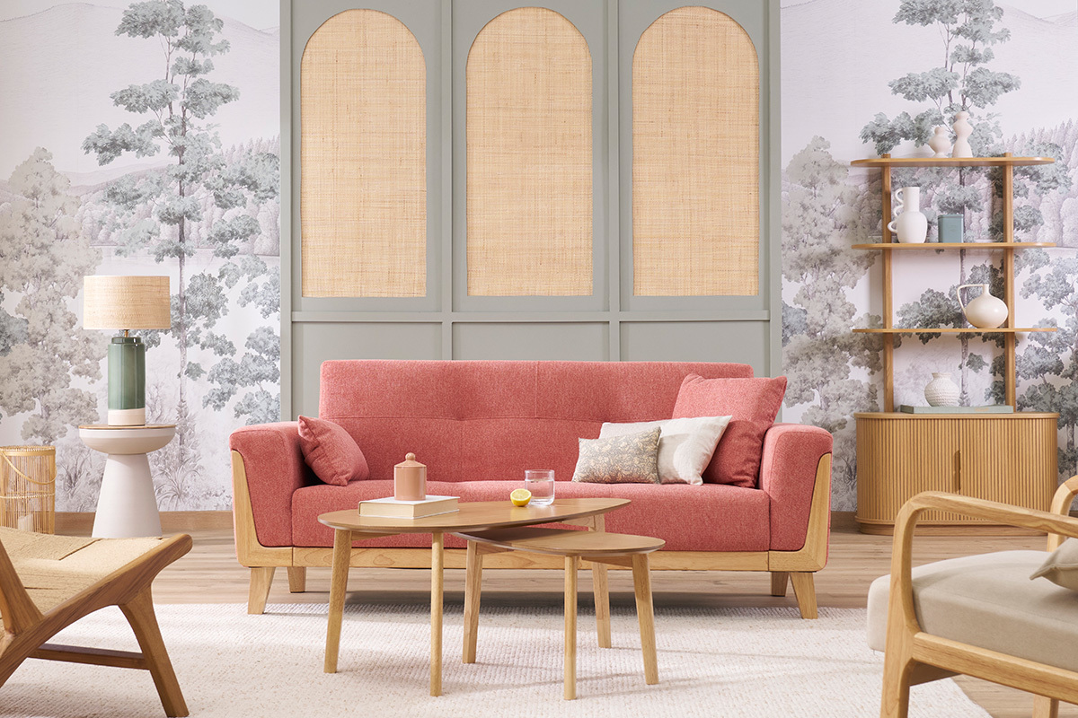 Skandinavisches 3-Sitzer Sofa in taupefarbenem Samt-Effekt Stoff und hellem Holz FJORD