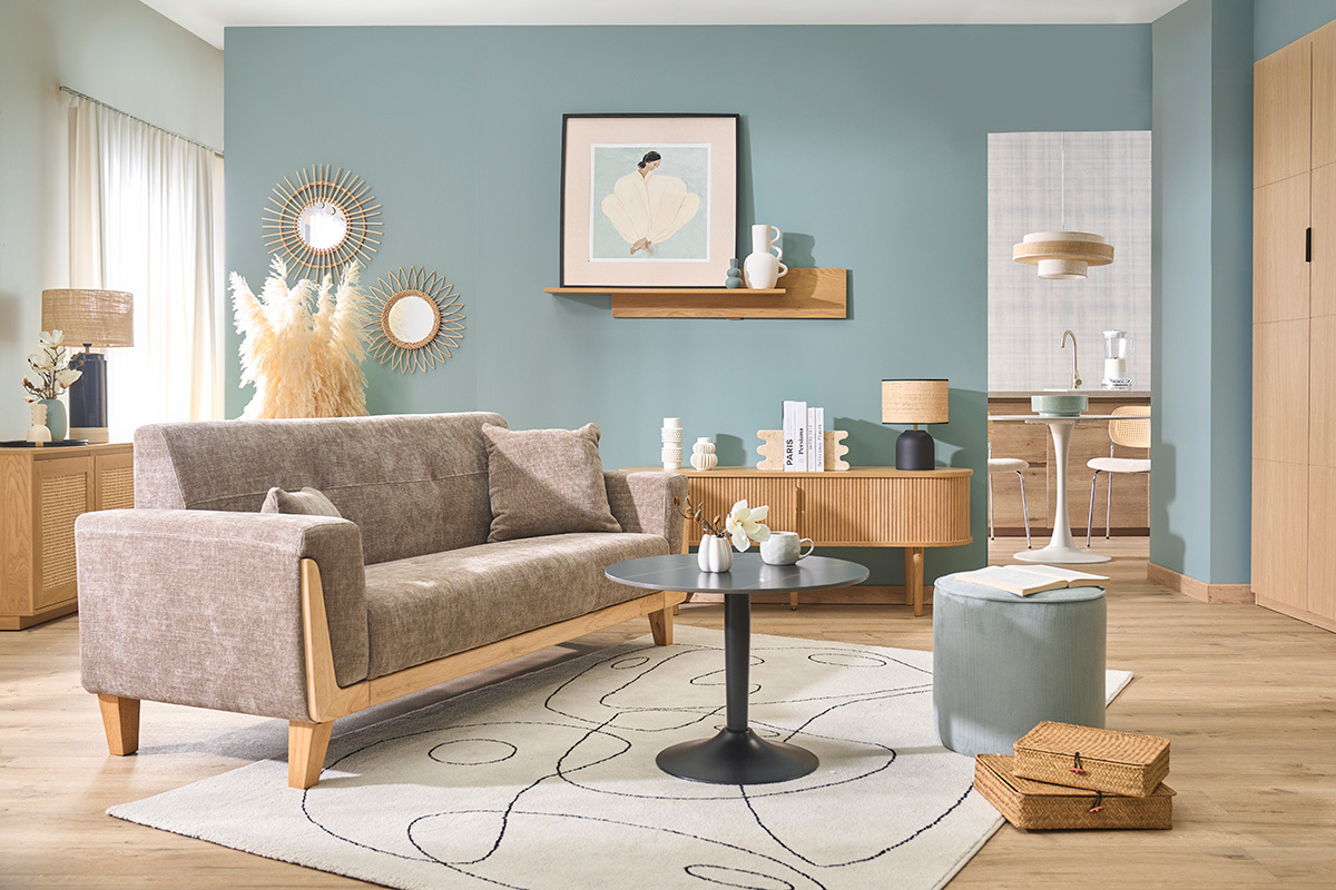 Skandinavisches 3-Sitzer Sofa in taupefarbenem Samt-Effekt Stoff und hellem Holz FJORD