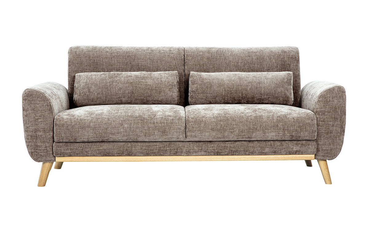Skandinavisches 3-Sitzer Sofa in texturiertem Samt-Effekt Stoff taupe und hellem Holz EKTOR