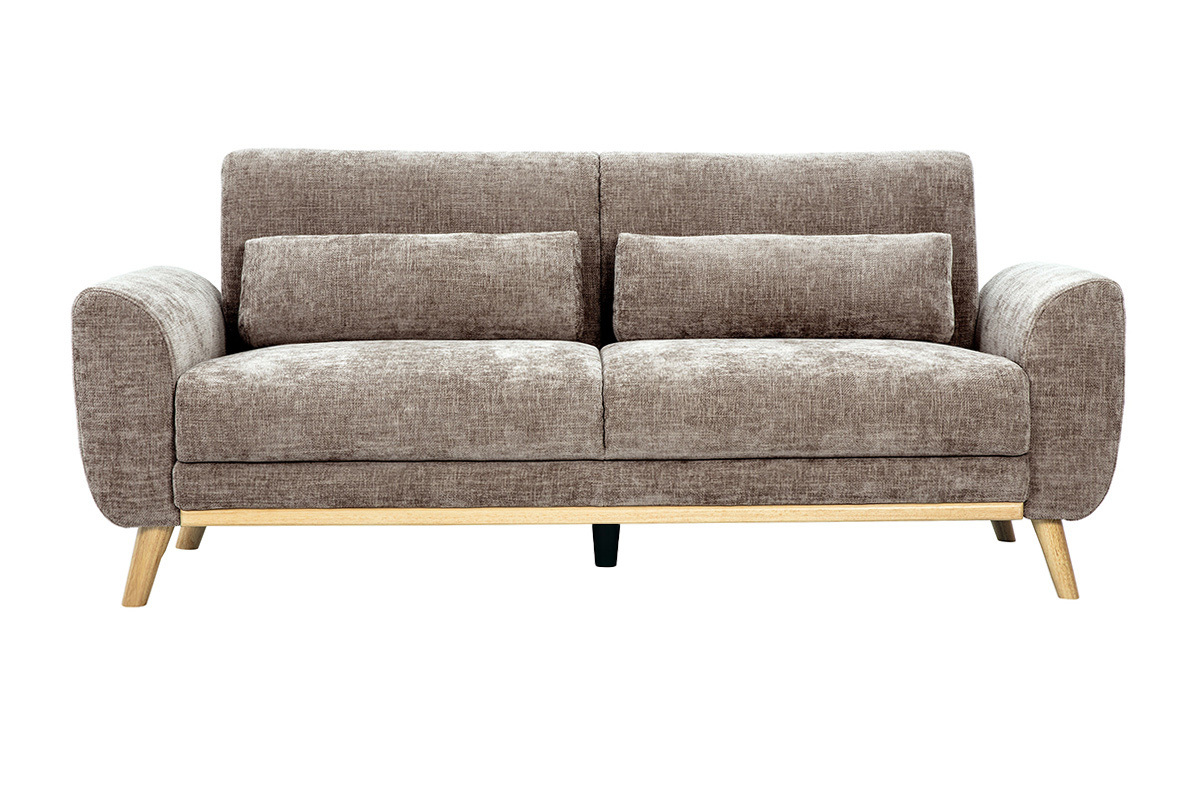 Skandinavisches 3-Sitzer Sofa in texturiertem Samt-Effekt Stoff taupe und hellem Holz EKTOR