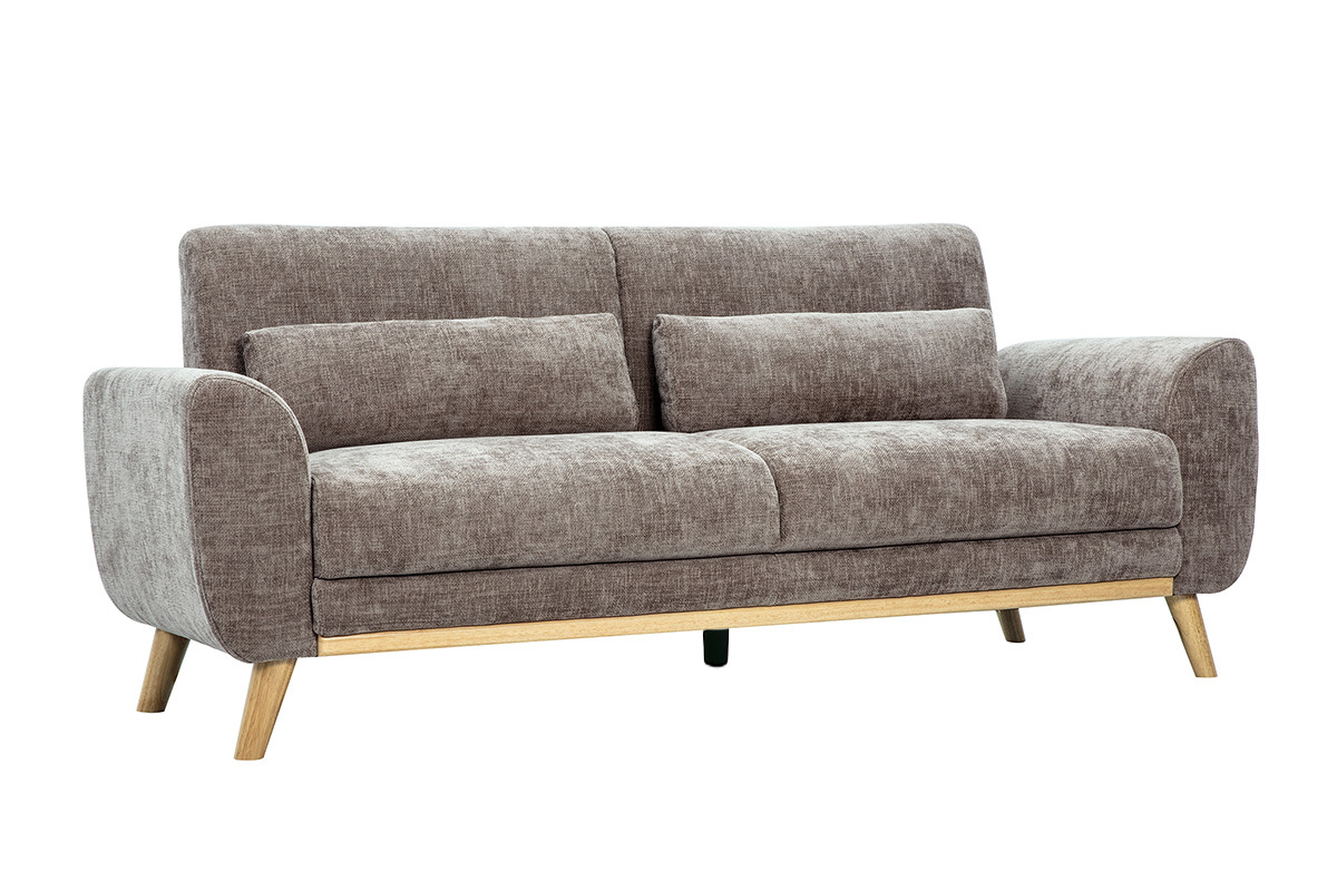 Skandinavisches 3-Sitzer Sofa in texturiertem Samt-Effekt Stoff taupe und hellem Holz EKTOR