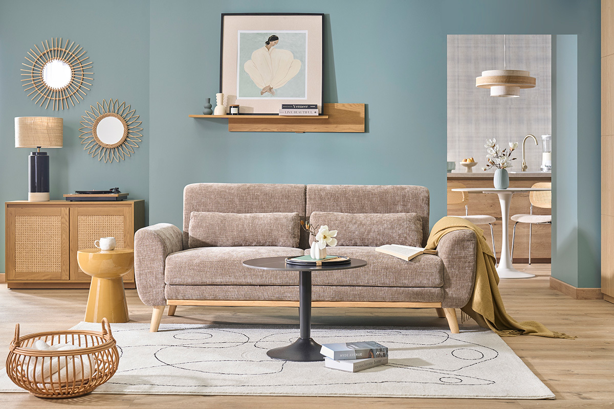 Skandinavisches 3-Sitzer Sofa in texturiertem Samt-Effekt Stoff taupe und hellem Holz EKTOR