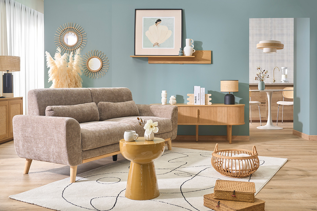 Skandinavisches 3-Sitzer Sofa in texturiertem Samt-Effekt Stoff taupe und hellem Holz EKTOR