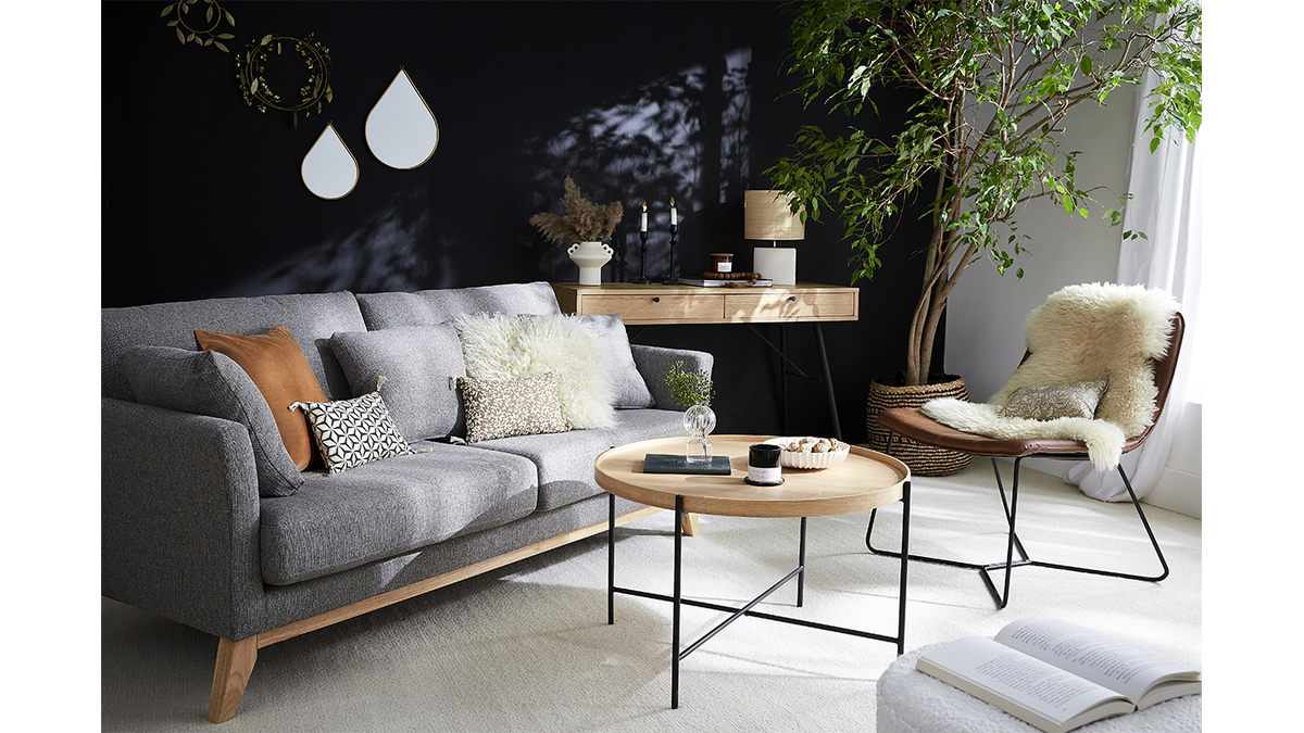 Skandinavisches 3-Sitzer-Sofa mit abnehmbarem Bezug aus graugrnem Stoff und hellem Holz OSLO