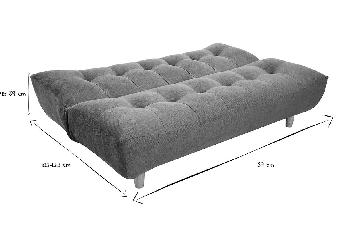 Abmessungen eines Schlafsofas in Schwarz-Wei�: 189 cm L�nge, 45-89 cm H�he, 102-122 cm Tiefe.