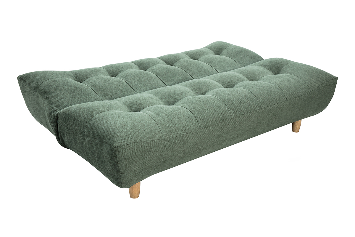 Kaki gr�nes, ausziehbares Sofa aus Chenille-Stoff mit Holzf��en, Ansicht 3/4.