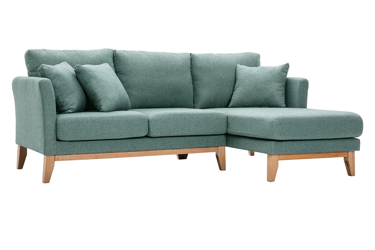 Skandinavisches 4-Sitzer-Ecksofa rechtsseitig mit abziehbarem, graugrnem Stoff und hellem Holz OSLO