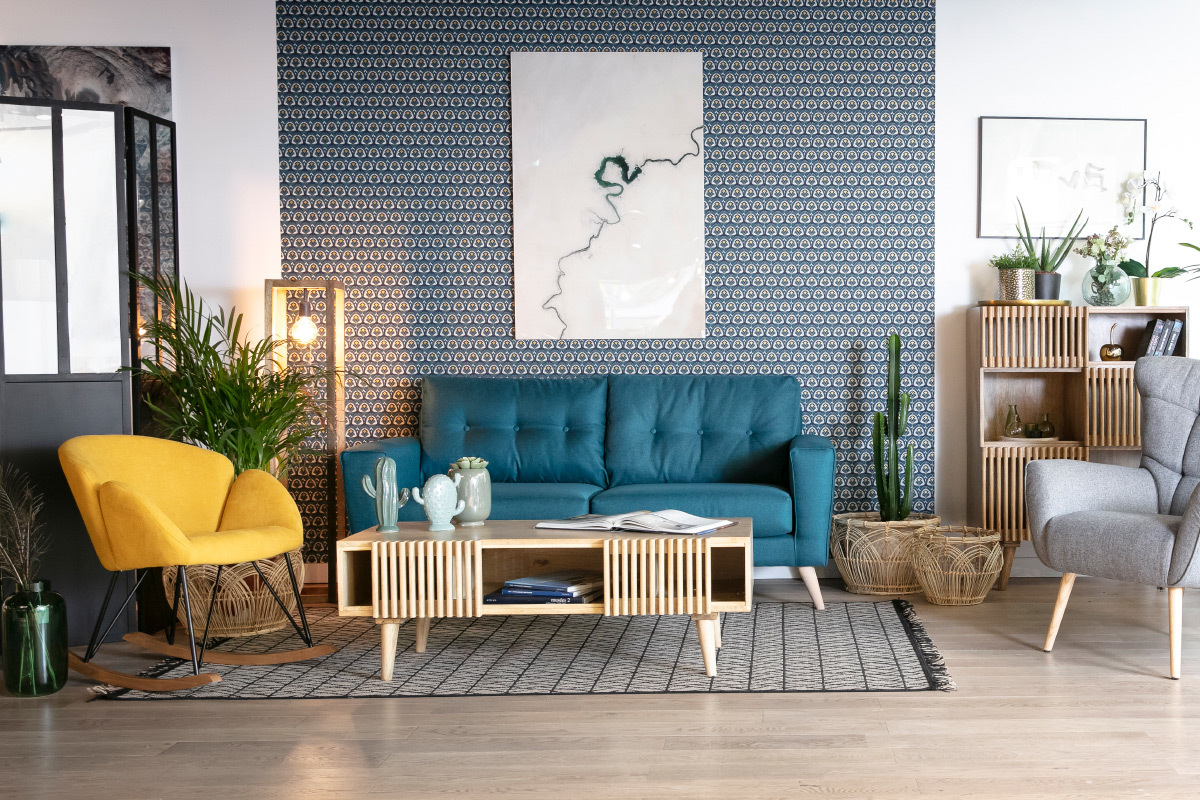 Skandinavisches blaues 3-Sitzer-Sofa BEAUBOURG