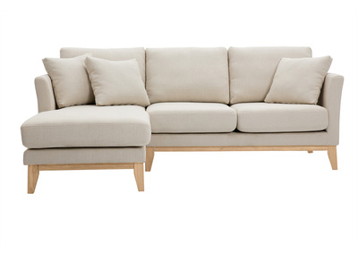 Skandinavisches Ecksofa links aus beigem Stoff mit abnehmbaren Bezügen und hellem Holz 3-4 Sitzer OSLO
