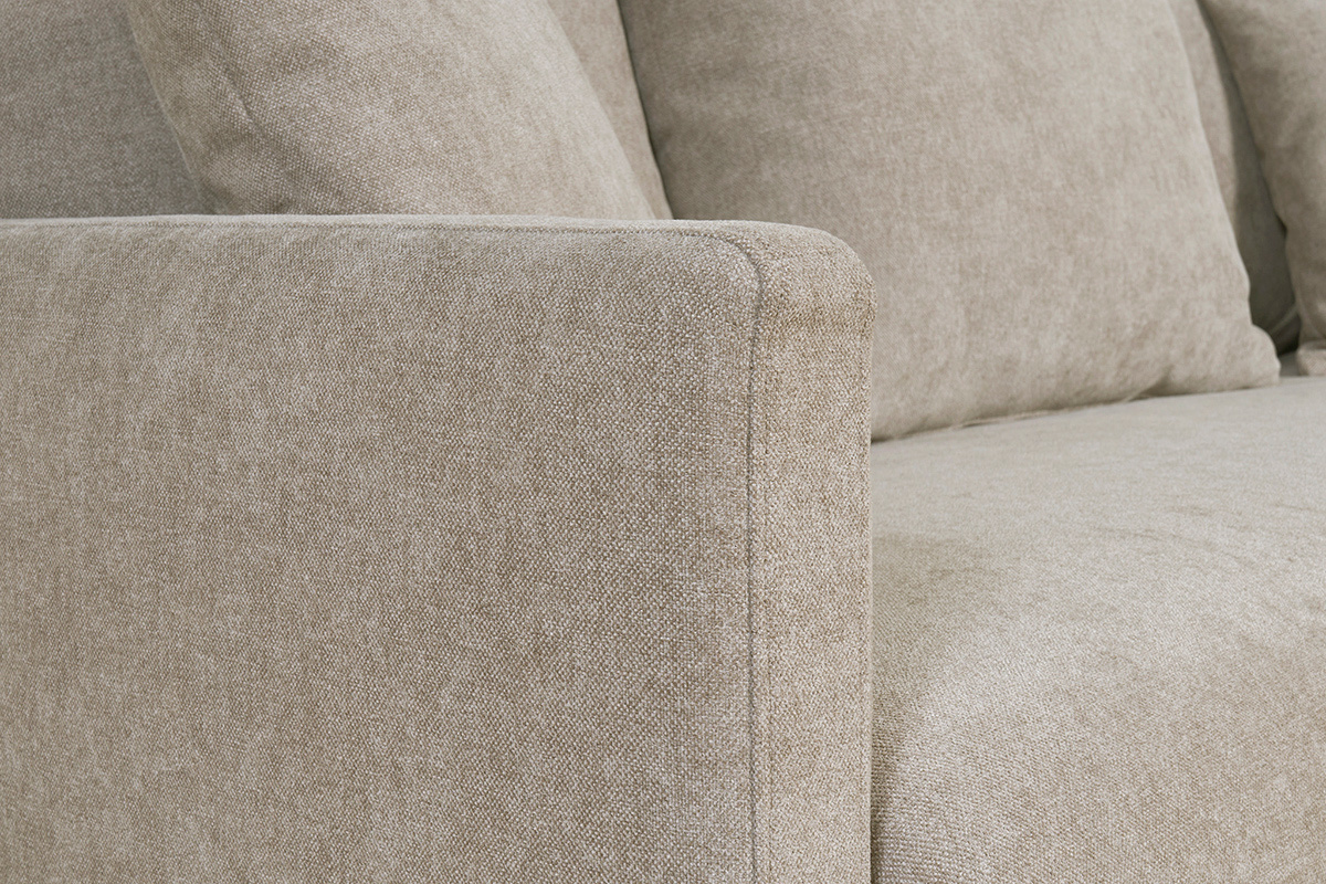 Skandinavisches Schlafsofa aus taupefarbenem Stoff mit Samteffekt und hellem Holz 3-Sitzer LOUISE