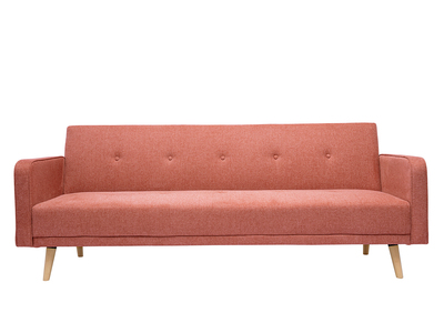 Skandinavisches Schlafsofa aus terracottafarbenem Stoff mit Samteffekt und hellem Holz 3-Sitzer ULLA