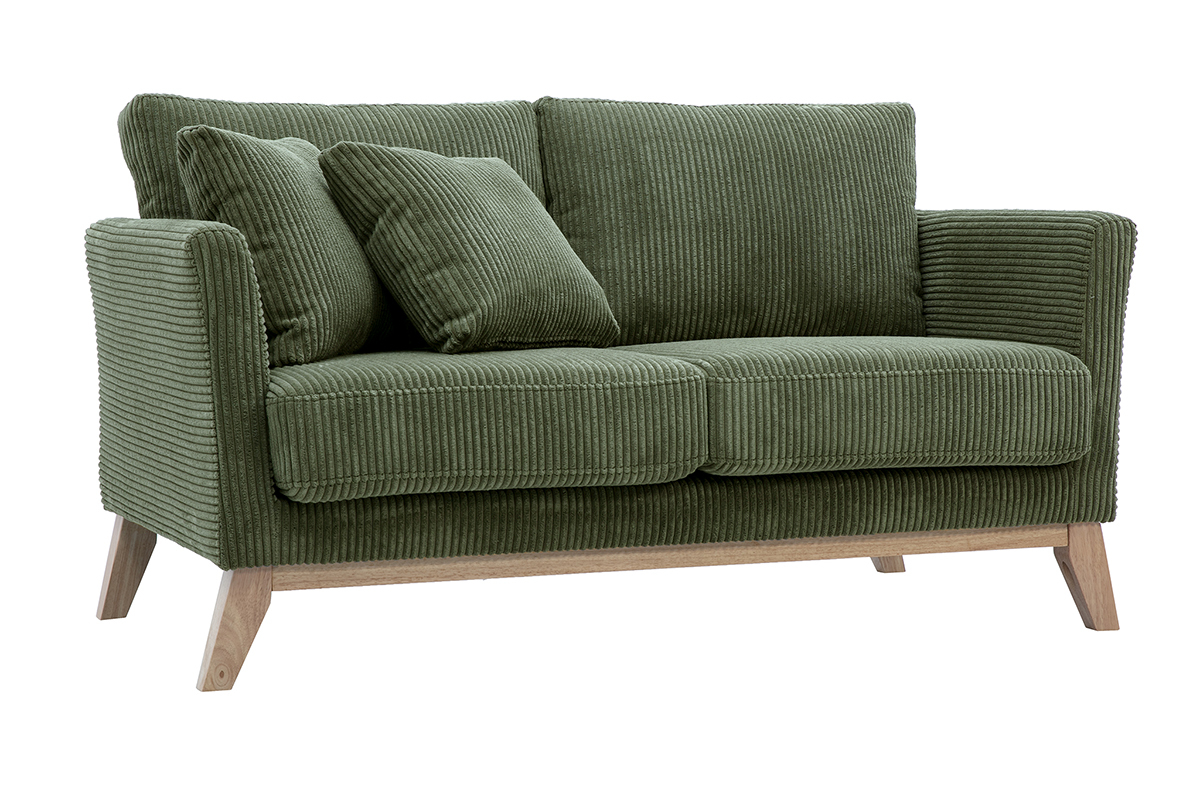 Skandinavisches Schlafsofa fr 2 Personen in samtigem Rippenvelours in Khakigrn und hellem Holz OSLO