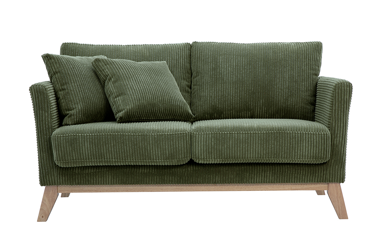 Skandinavisches Schlafsofa fr 2 Personen in samtigem Rippenvelours in Khakigrn und hellem Holz OSLO