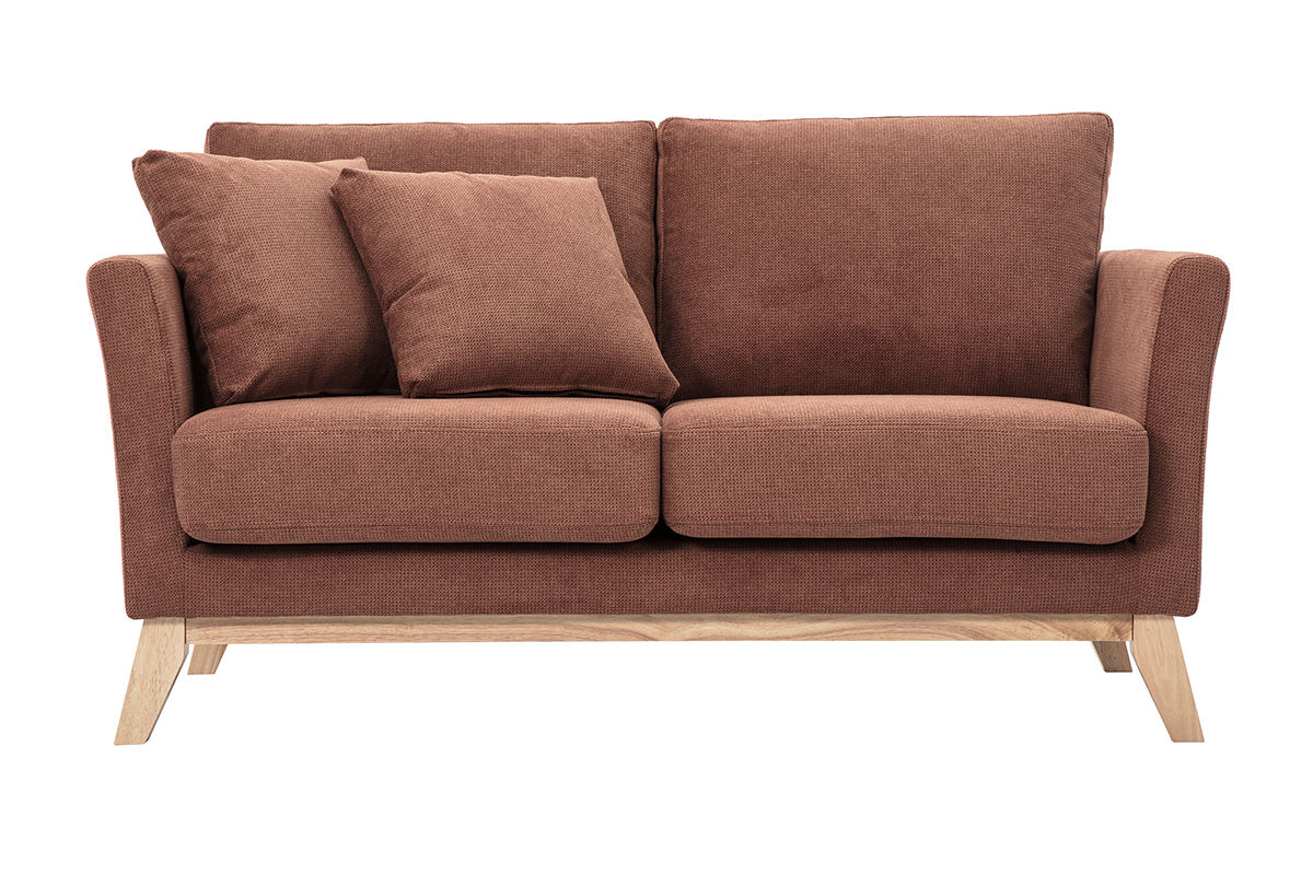 Zweier-Sofa aus Chenille-Stoff in gebrannter Erde und mit hellen Holzf��en, Frontansicht.