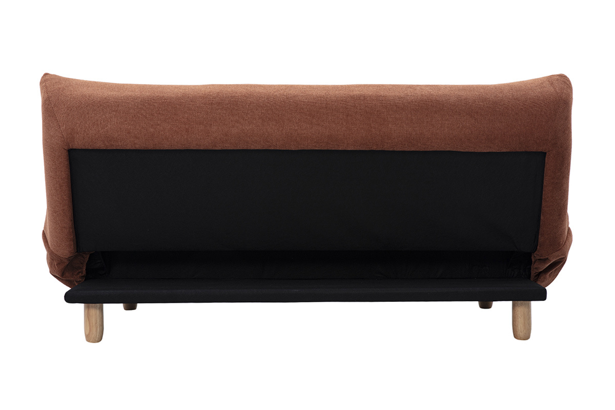 R�ckansicht des 3-Sitzer Schlafsofas YUMI in gebrannter Erde Chenille-Stoff und hellem Holz.