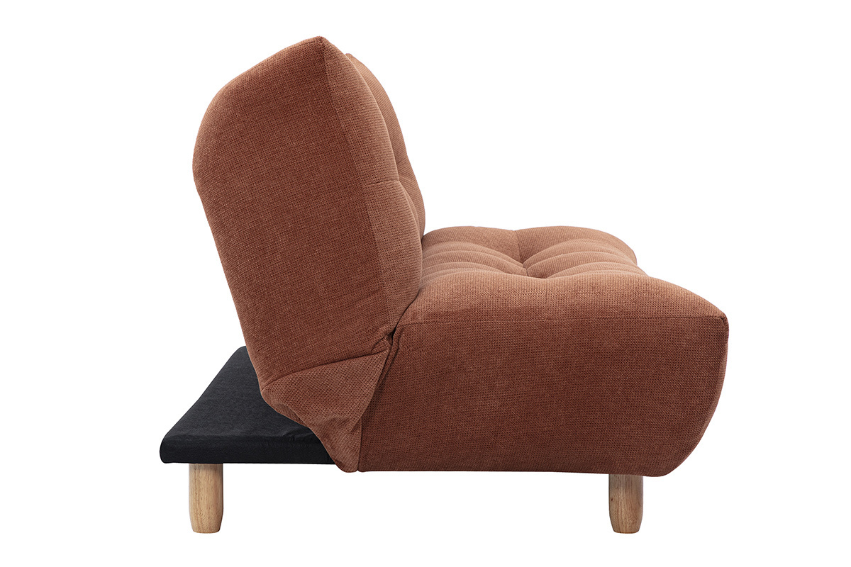 Dreisitzer-Schlafsofa YUMI in gebrannter Erde Stoff, Seitenansicht, F��e aus hellem Holz.