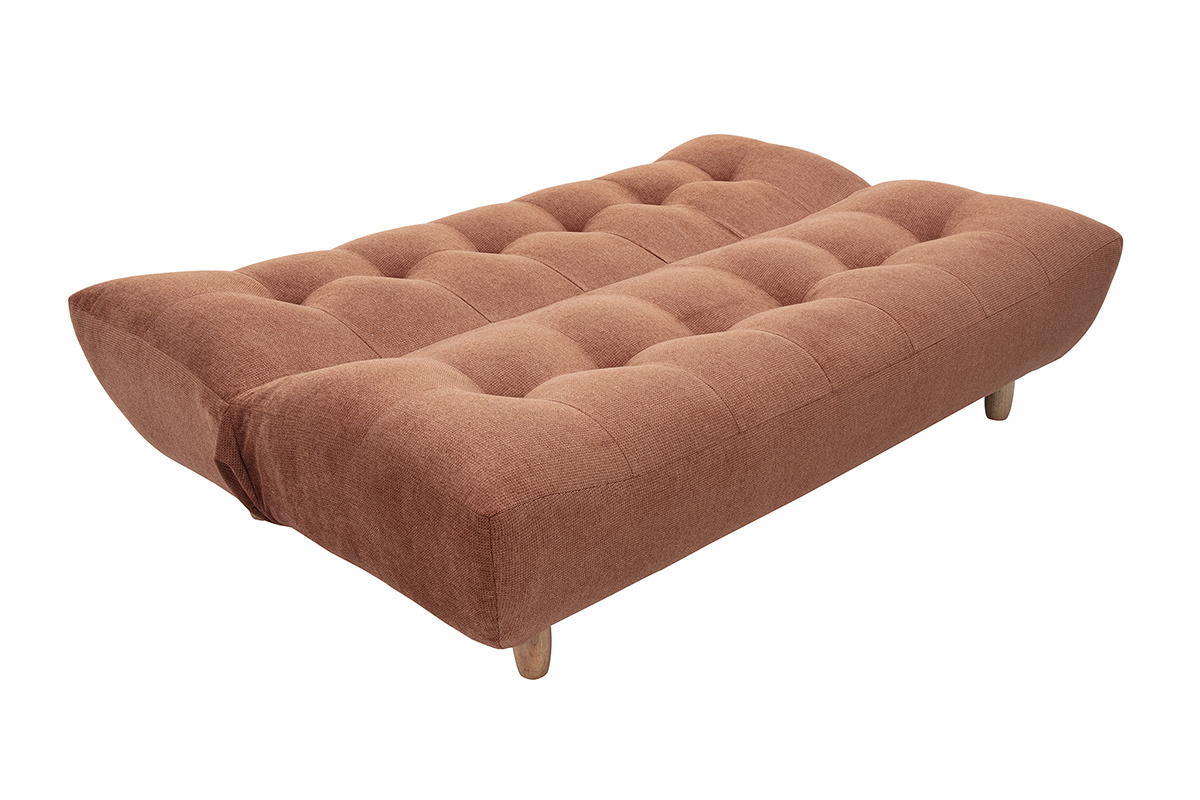 YUMI Schlafsofa in gebranntem Erd-Ton Chenille-Stoff, 3/4 Ansicht in seiner Bett-Position.