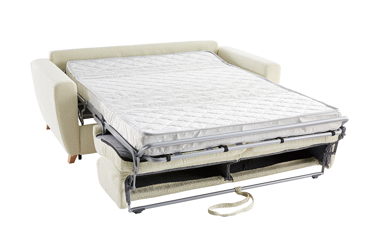 Skandinavisches Schlafsofa mit Boucl-Wolleffekt in Ecru mit Matratze B140 cm D12 cm GRAHAM