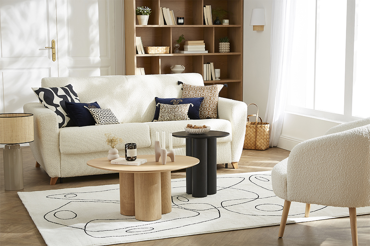 Skandinavisches Schlafsofa mit Boucl-Wolleffekt in Ecru mit Matratze B140 cm D12 cm GRAHAM