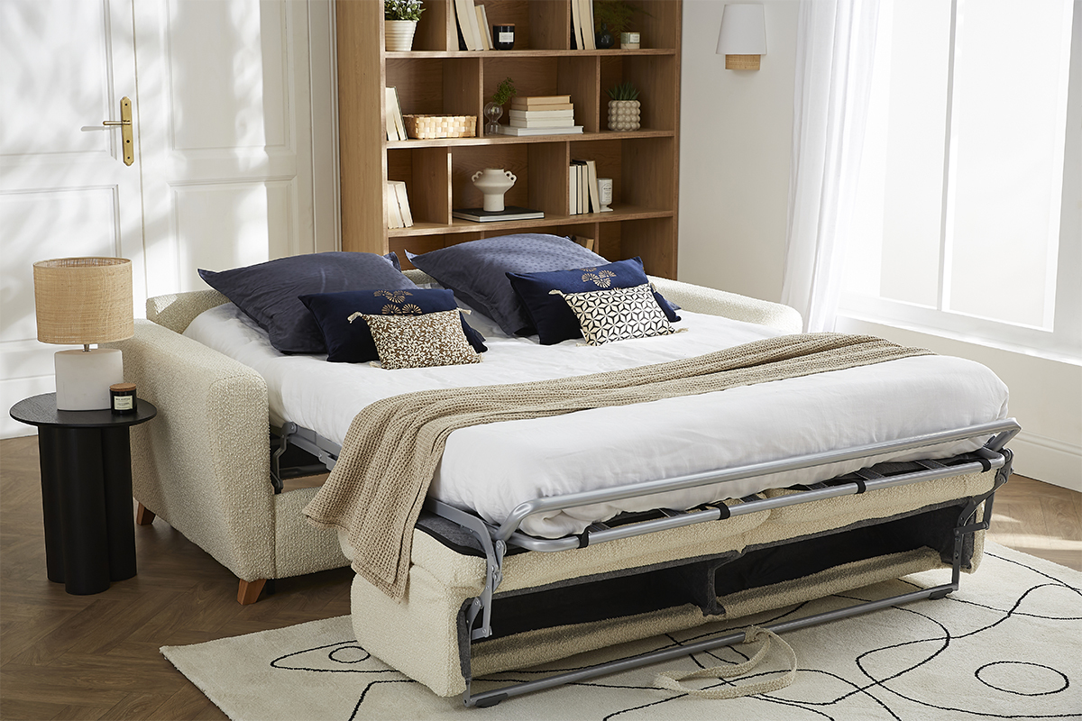 Skandinavisches Schlafsofa mit Boucl-Wolleffekt in Ecru mit Matratze B140 cm D12 cm GRAHAM