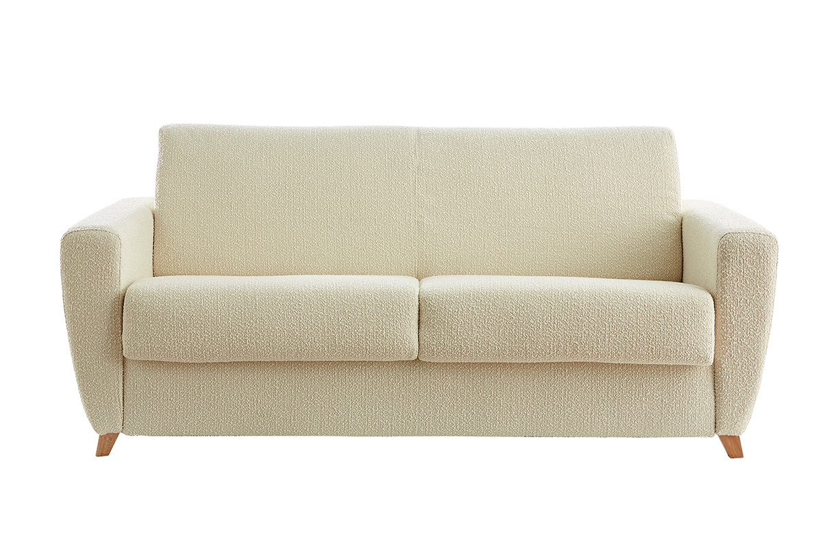 Skandinavisches Schlafsofa mit Boucl-Wolleffekt in Ecru mit Matratze B140 cm D12 cm GRAHAM