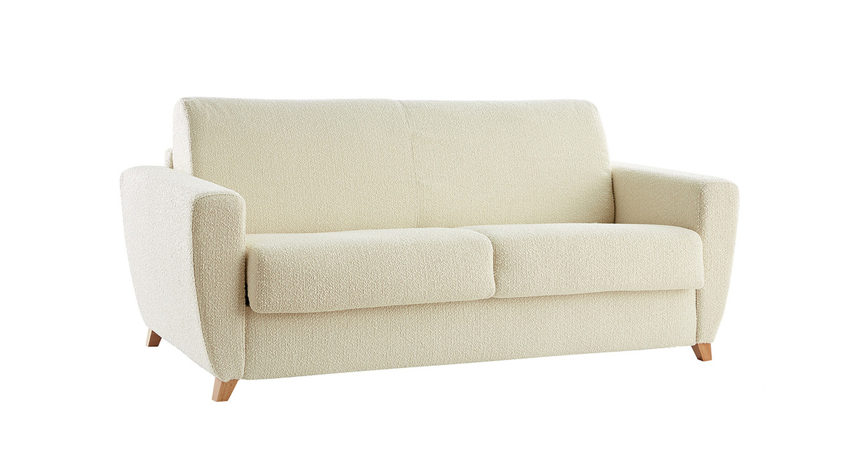 Skandinavisches Schlafsofa mit Boucl-Wolleffekt in Ecru mit Matratze B140 cm D12 cm GRAHAM