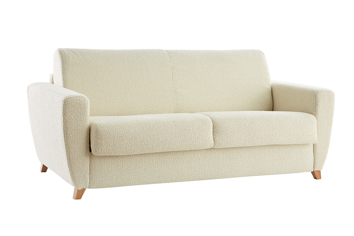 Skandinavisches Schlafsofa mit Boucl-Wolleffekt in Ecru mit Matratze B140 cm D12 cm GRAHAM