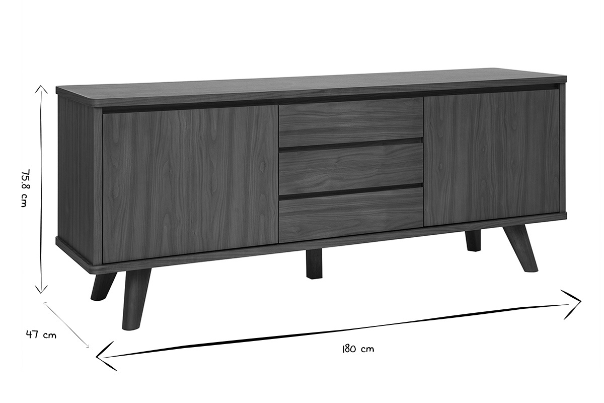 Ma�e des skandinavischen Sideboards FIFTIES in Schwarz und Wei�: L180 x T47 x H75,8 cm