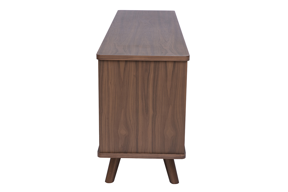 Skandinavisches Buffet aus dunklem Walnussholz, Seitenansicht, 2 T�ren und 3 Schubladen, L180 cm.