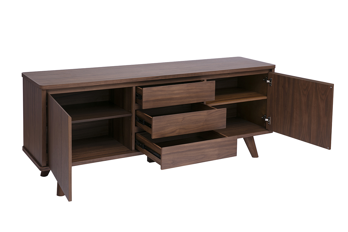 Skandinavisches Sideboard aus dunklem Walnussholz mit 2 T�ren und 3 Schubladen, 3/4-Ansicht, Innenraum sichtbar.
