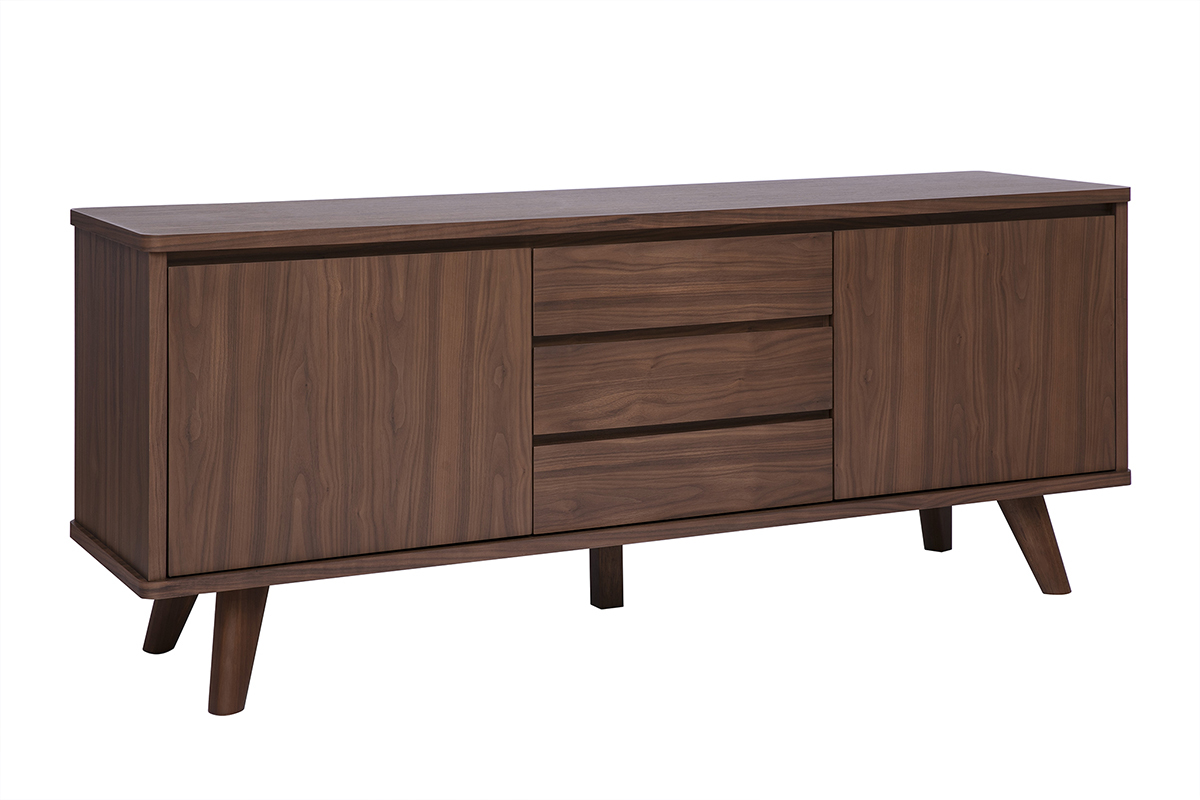 Skandinavisches Sideboard aus dunklem Nussbaumholz mit 2 T�ren und 3 Schubladen, 3/4-Ansicht.