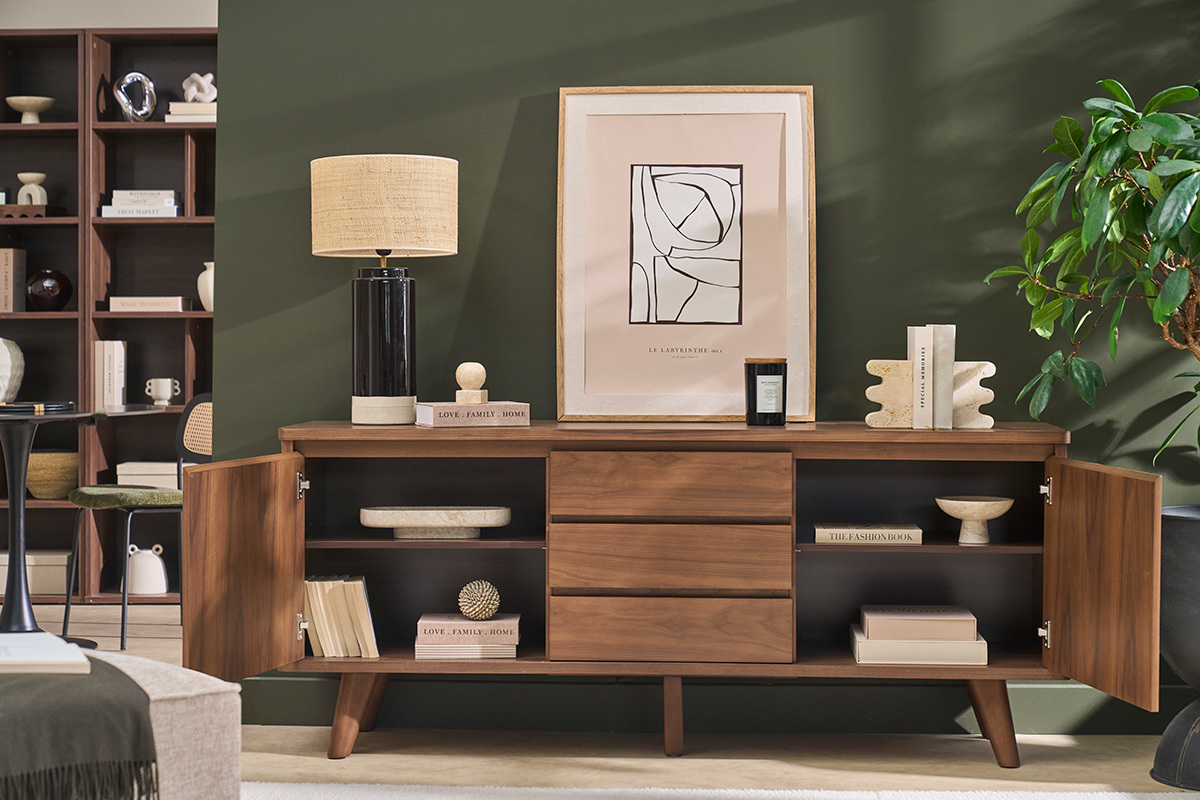 Skandinavisches Sideboard aus dunklem Nussbaumholz, 2 T�ren, 3 Schubladen, L180 cm FIFTIES