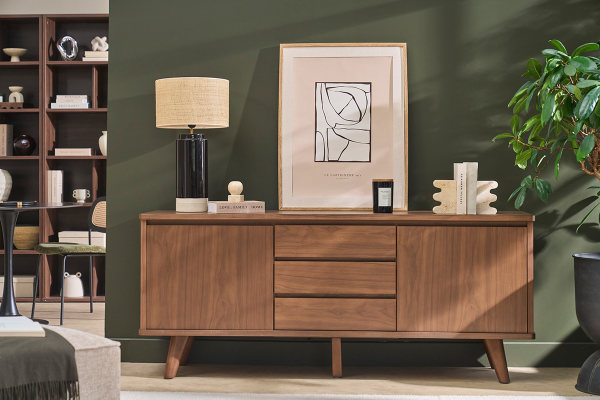 Skandinavisches Sideboard aus dunklem Nussbaumholz, 2 T�ren, 3 Schubladen, L180 cm FIFTIES