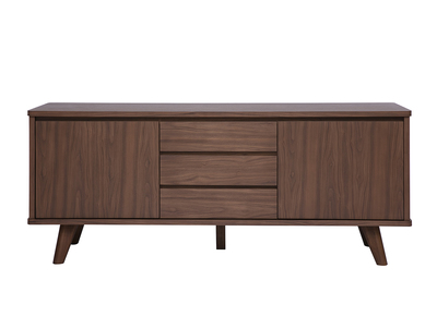 Skandinavisches Sideboard aus dunklem Nussbaumholz, 2 T&uuml;ren, 3 Schubladen, L180 cm FIFTIES