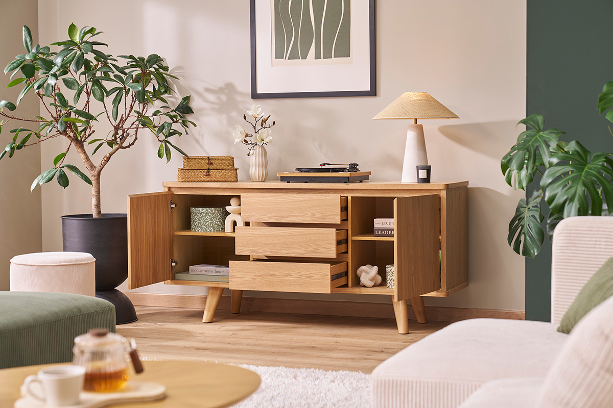 Skandinavisches Sideboard aus Esche mit Tren und Schubladen 160 cm FIFTIES