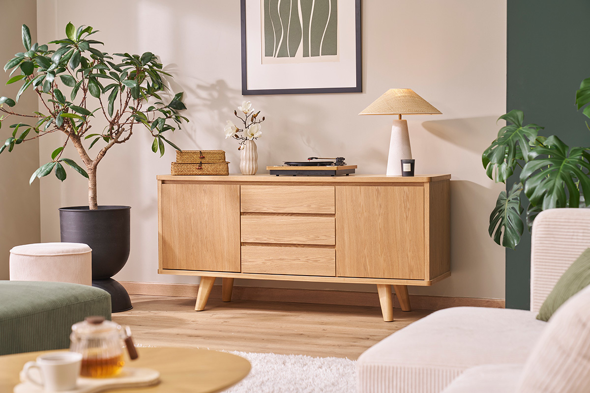 Skandinavisches Sideboard aus Esche mit Tren und Schubladen 160 cm FIFTIES