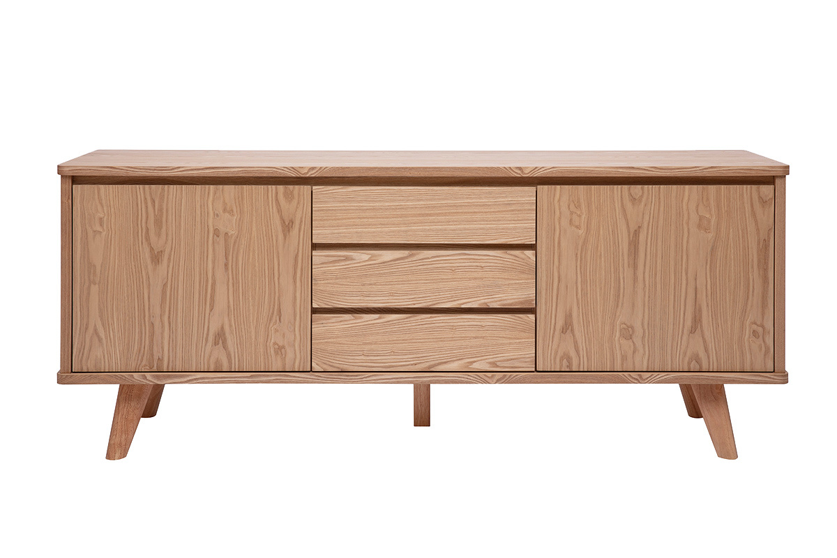 Skandinavisches Sideboard aus hellem Eschenholz, 2 T�ren und 3 Schubladen, Vorderansicht.