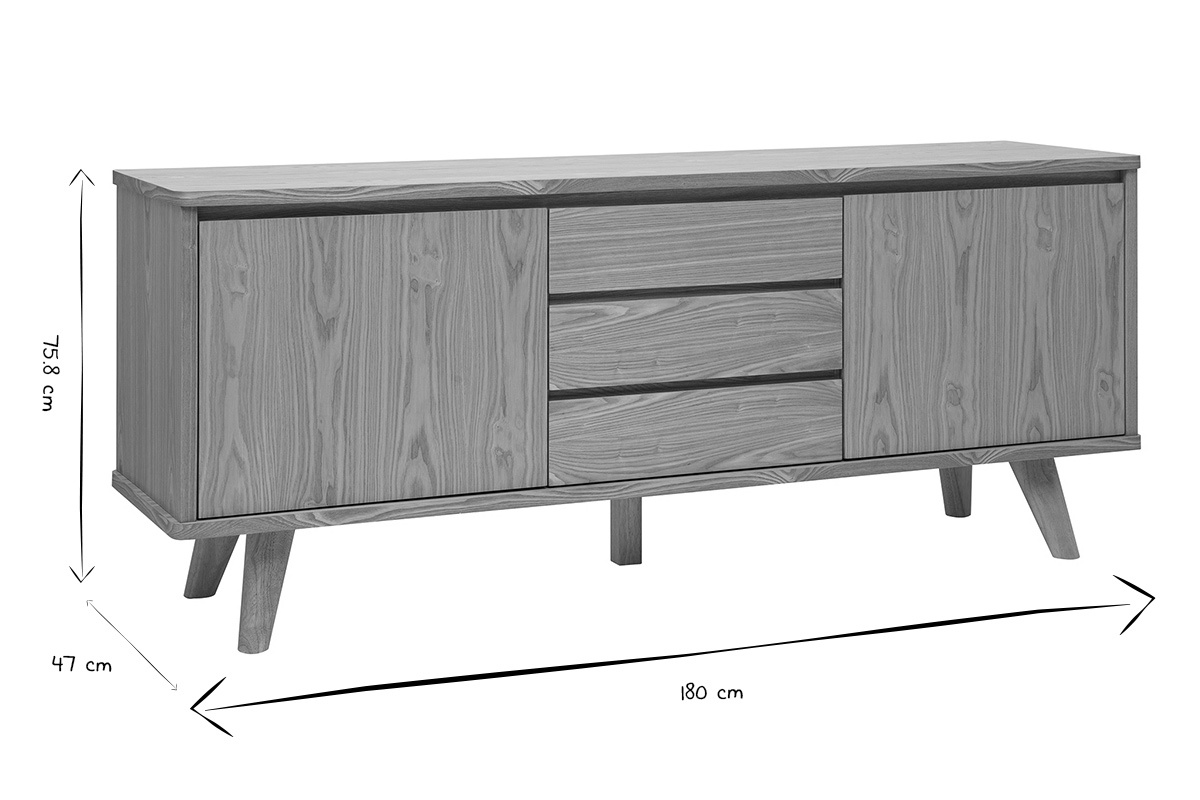 Ma�e des skandinavischen Sideboards aus hellem Holz FIFTIES: B180 cm, T47 cm, H75,8 cm in Schwarz und Wei�.