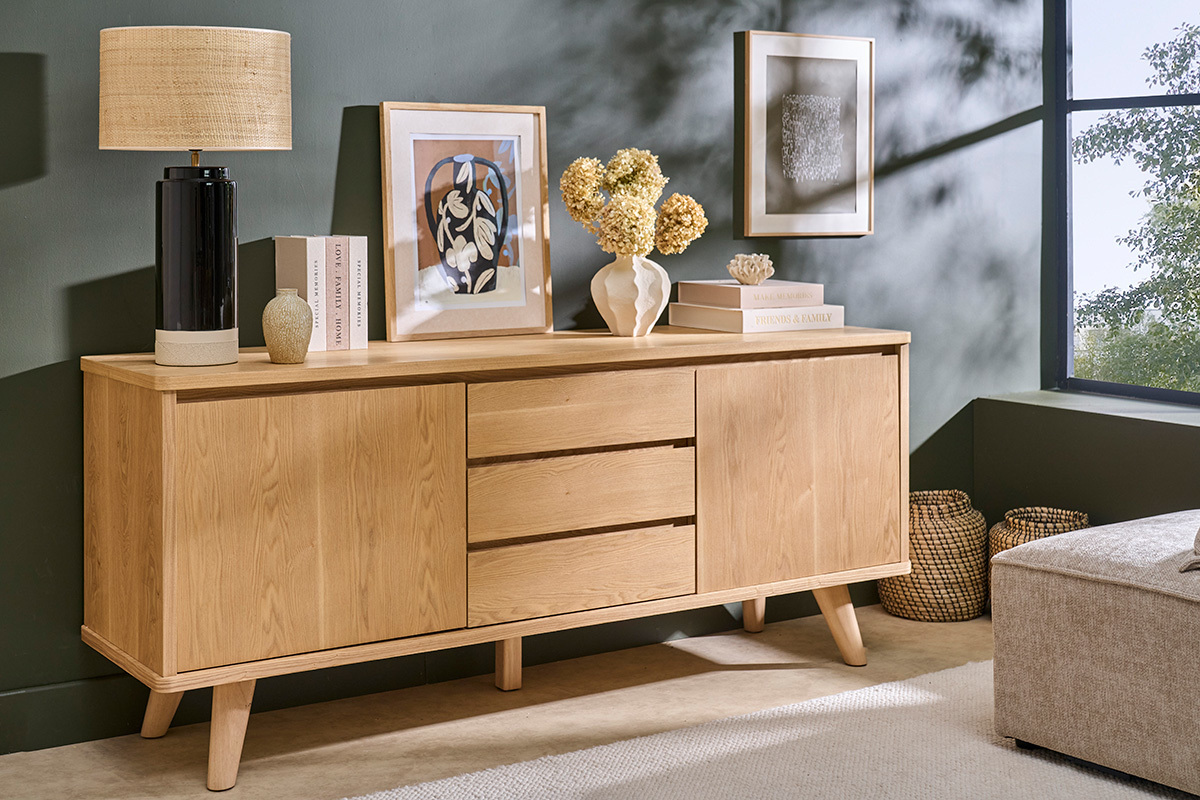 Skandinavisches Sideboard aus hellem Eschenholz, 2 T�ren, 3 Schubladen, L180 cm FIFTIES